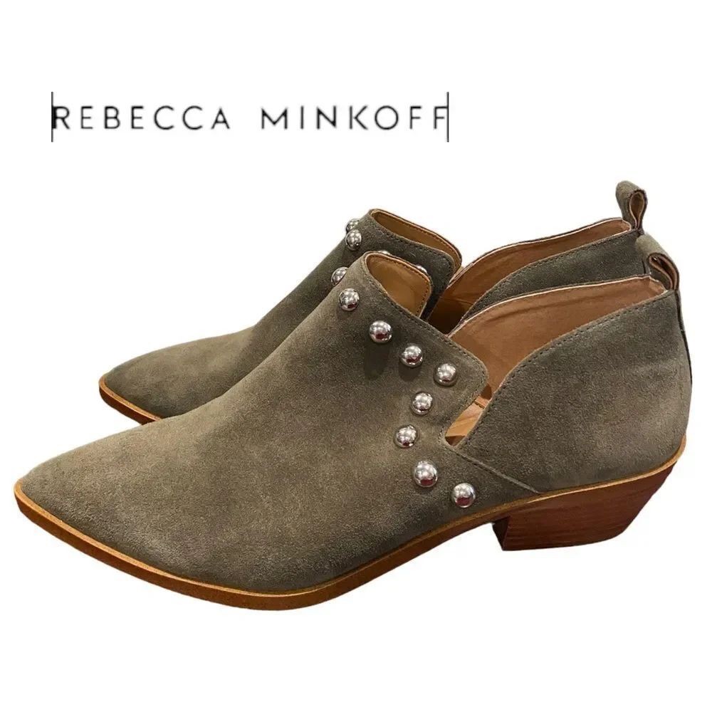 Rebecca Minkoff Katen Olive Suede Leather Silver Studded Ankle Boots Booties 9